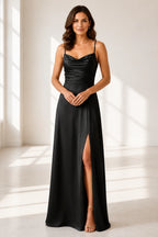 Black Satin Cowl Neck Spaghetti Strap Slit Long Bridesmaid Dress