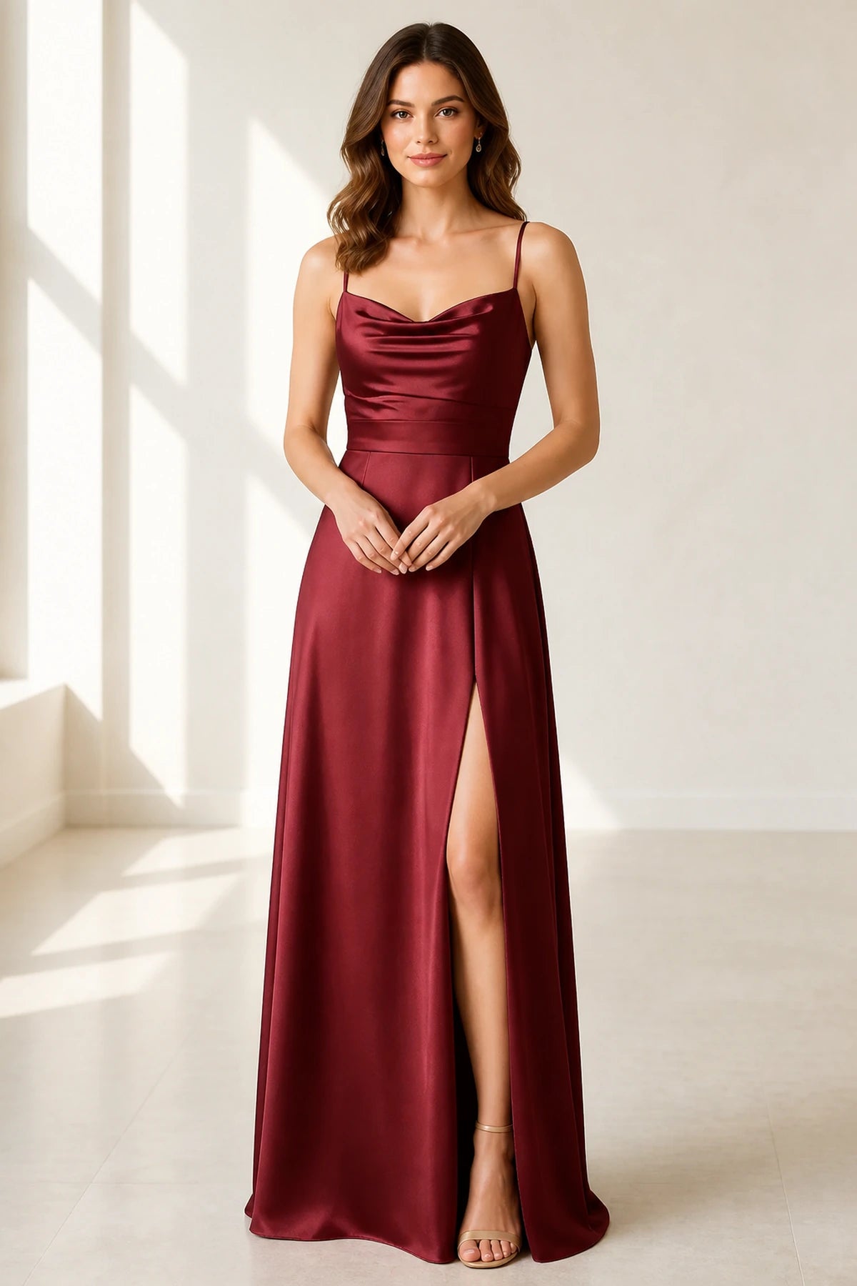 Black Satin Cowl Neck Spaghetti Strap Slit Long Bridesmaid Dress