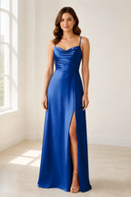 Black Satin Cowl Neck Spaghetti Strap Slit Long Bridesmaid Dress
