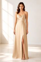 Black Satin Cowl Neck Spaghetti Strap Slit Long Bridesmaid Dress