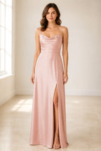 Black Satin Cowl Neck Spaghetti Strap Slit Long Bridesmaid Dress