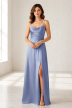 Black Satin Cowl Neck Spaghetti Strap Slit Long Bridesmaid Dress