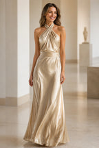 Vedress champagne satin cross twist halter long bridesmaid dress
