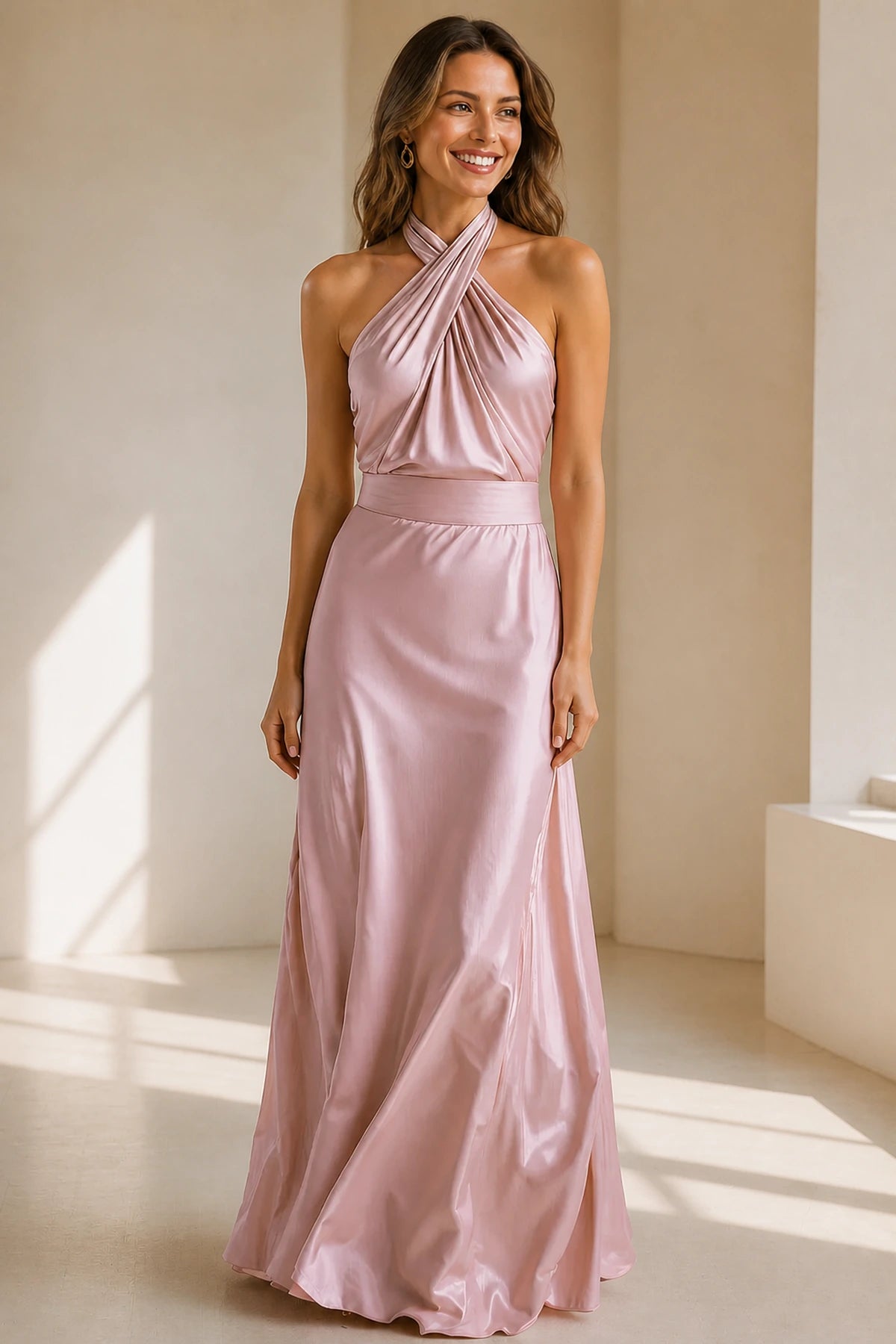 Champagne Satin Halter Wrap A‑Line Long Bridesmaid Dress