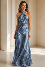 Champagne Satin Halter Wrap A‑Line Long Bridesmaid Dress