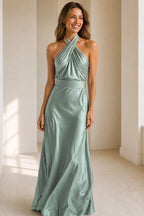 Champagne Satin Halter Wrap A‑Line Long Bridesmaid Dress