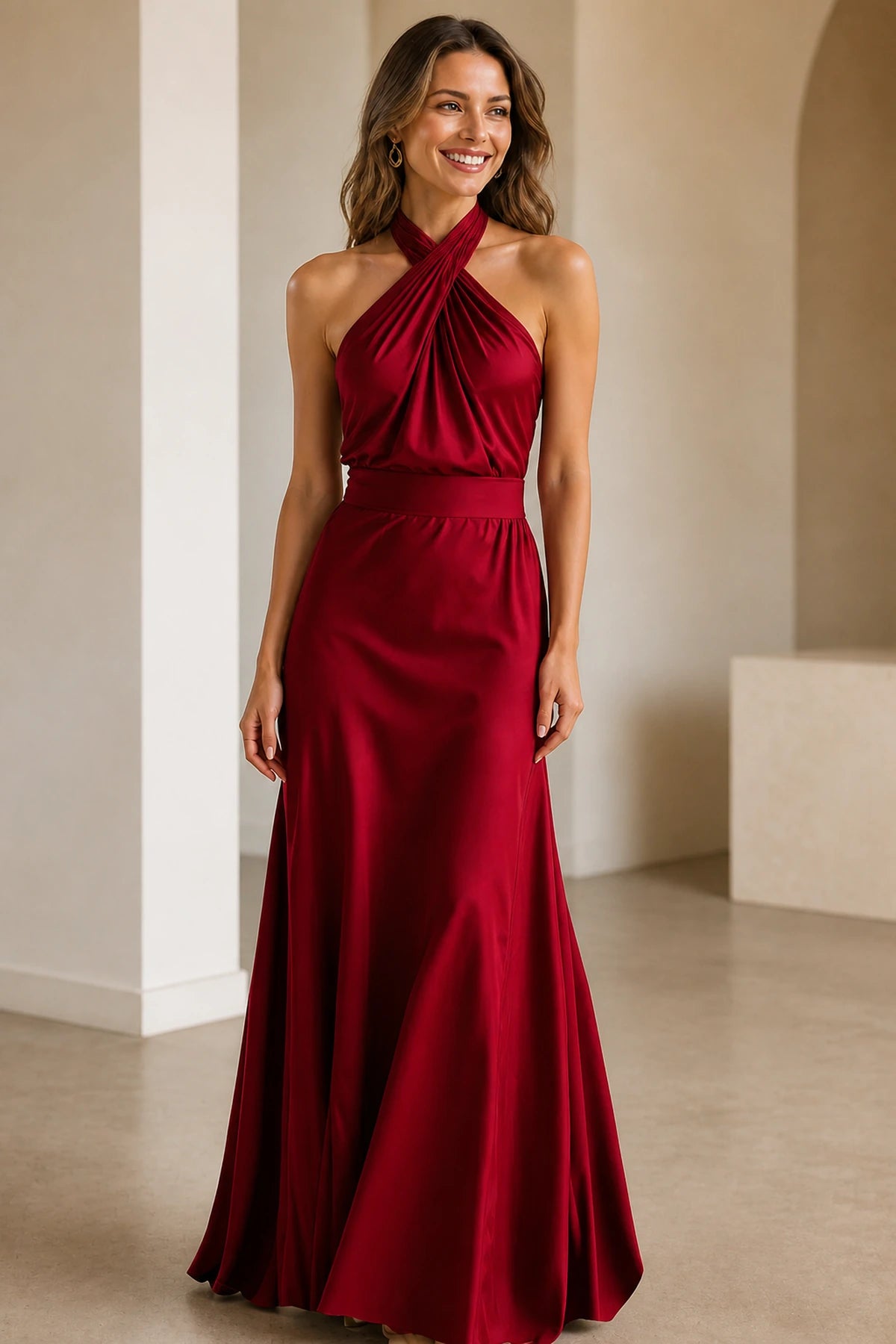 Champagne Satin Halter Wrap A‑Line Long Bridesmaid Dress