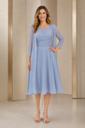 Vedress dusty blue scoop neck A‑line mother of the bride midi dress with chiffon 3/4‑sleeve jacket
