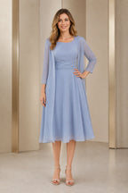 Vedress dusty blue scoop neck A‑line mother of the bride midi dress with chiffon 3/4‑sleeve jacket