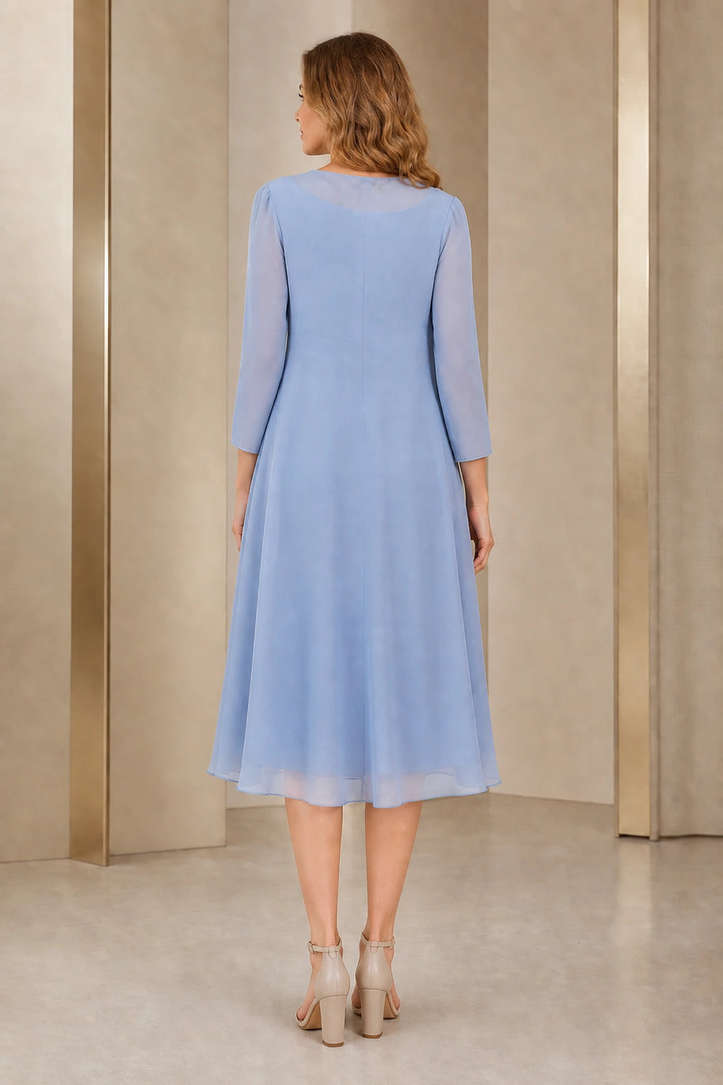 Back view of Vedress dusty blue chiffon mother of bride midi dress with matching long‑sleeve jacket