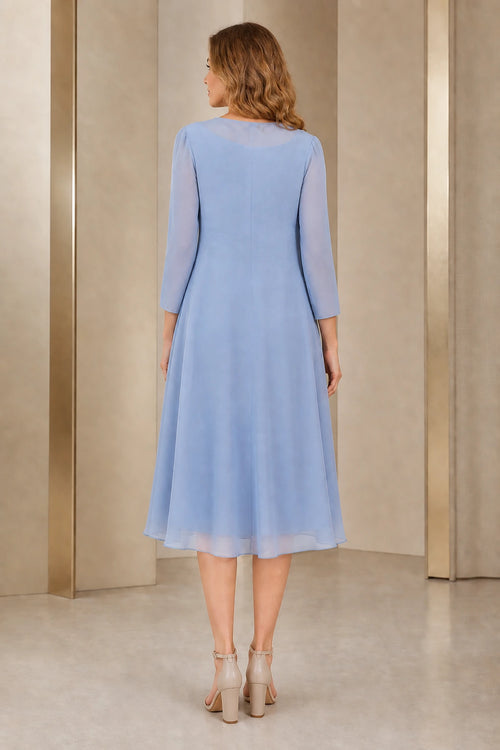 Back view of Vedress dusty blue chiffon mother of bride midi dress with matching long‑sleeve jacket