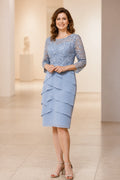 Vedress dusty blue round‑neck lace 3/4 sleeve layered knee‑length mother of bride dress