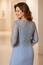Dusty Blue Lace 3/4 Sleeve Layered Knee‑Length Mother of Bride Dress Vedress