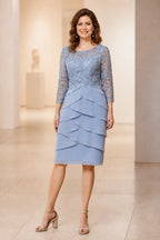 Dusty Blue Lace 3/4 Sleeve Layered Knee‑Length Mother of Bride Dress Vedress