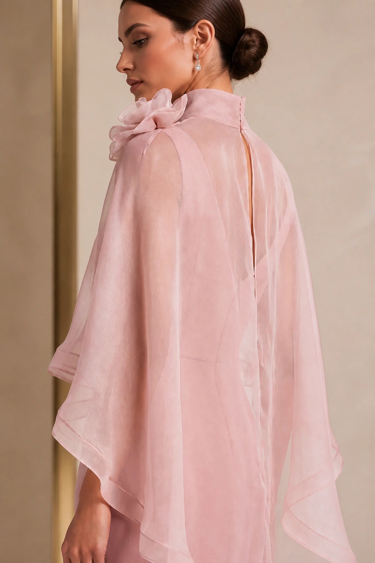 Back view of Vedress dusty pink sheer cape gown with back zipper closure