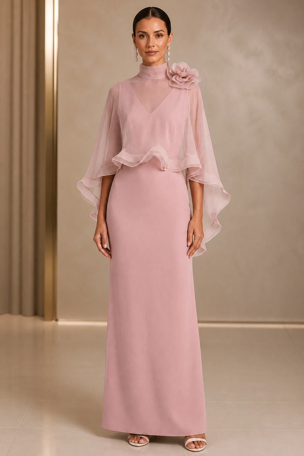 Vedress dusty pink high‑neck organza cape sheath mother of bride long dress