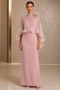 Vedress dusty pink high‑neck organza cape sheath mother of bride long dress