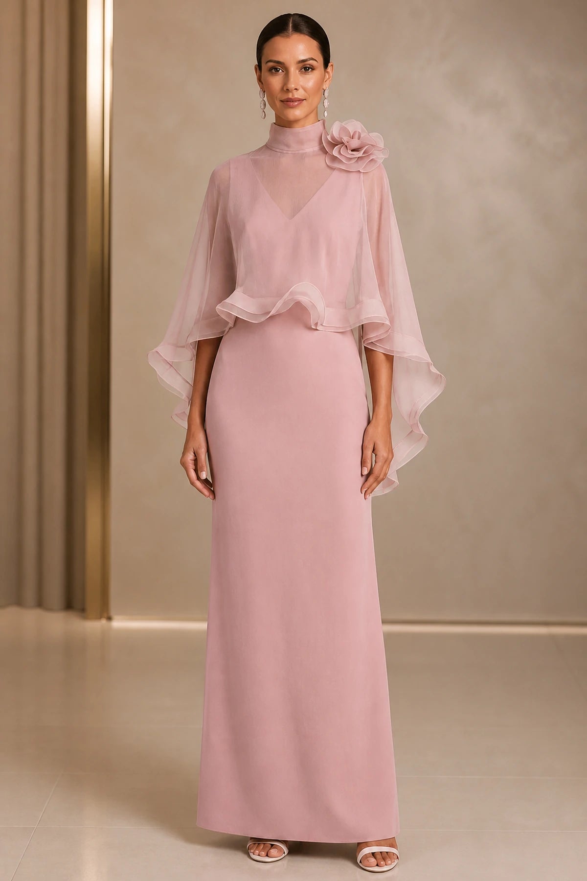 Vedress dusty pink high‑neck organza cape sheath mother of bride long dress