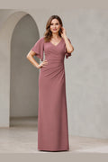 Vedress dusty rose v‑neck flutter sleeve ruched long mother‑of‑the‑bride dress