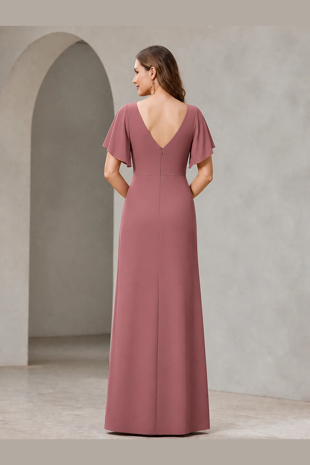 Back view of Vedress dusty rose long formal dress with deep v‑back and zipper closure
