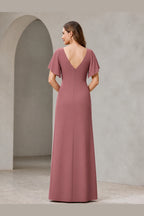 Back view of Vedress dusty rose long formal dress with deep v‑back and zipper closure