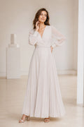 Ivory Chiffon A-Line V-Neck Bishop Sleeve Zip-Back Long Bridesmaid Dress