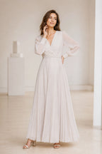 Ivory Chiffon A-Line V-Neck Bishop Sleeve Zip-Back Long Bridesmaid Dress