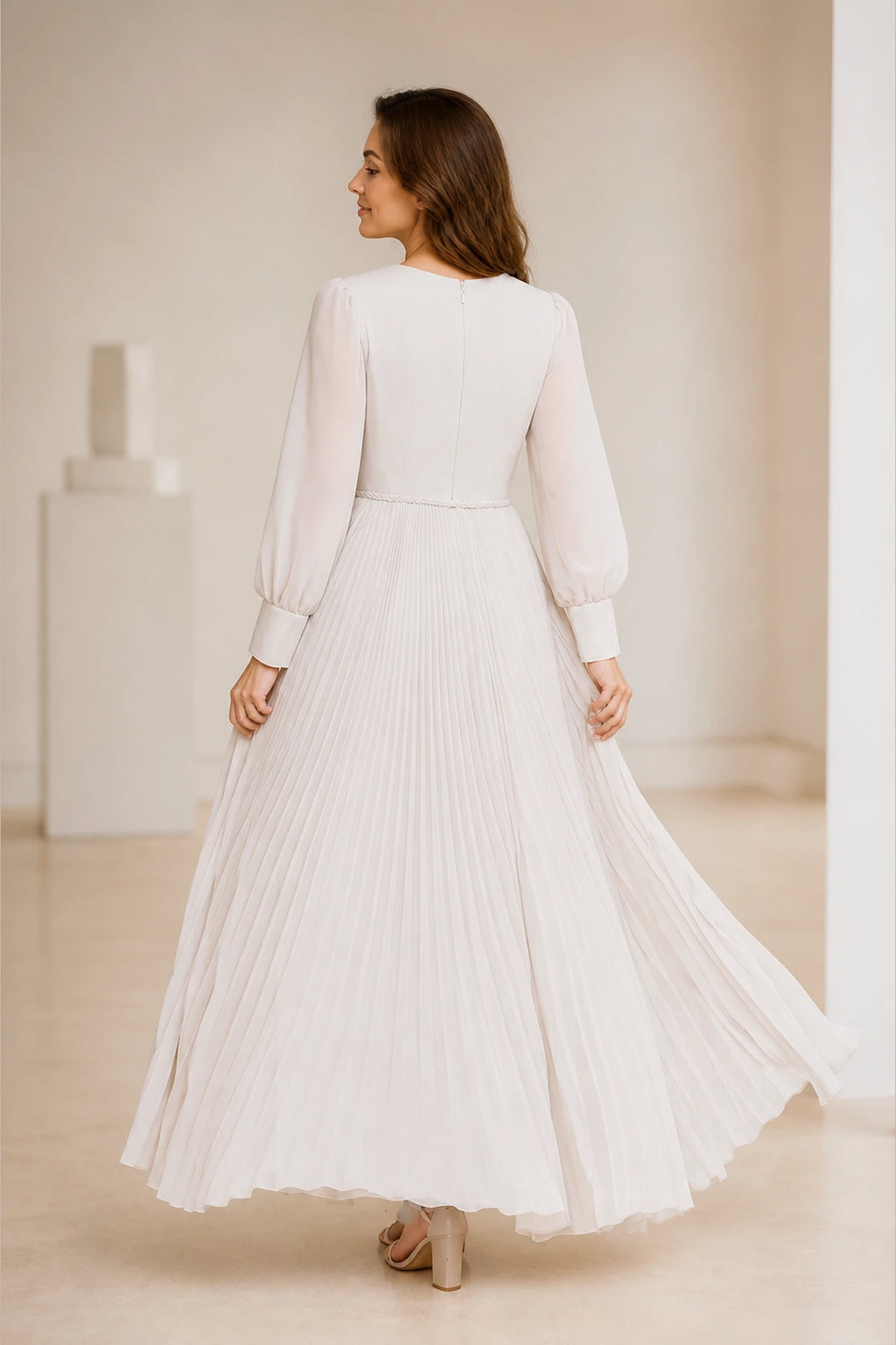 Ivory Chiffon A-Line V-Neck Bishop Sleeve Zip-Back Long Bridesmaid Dress