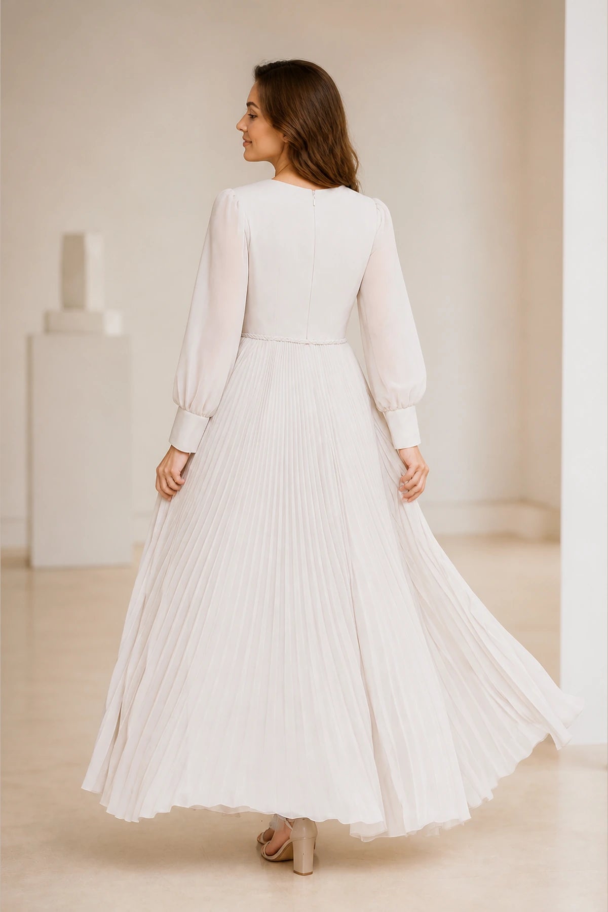 Ivory Chiffon A-Line V-Neck Bishop Sleeve Zip-Back Long Bridesmaid Dress