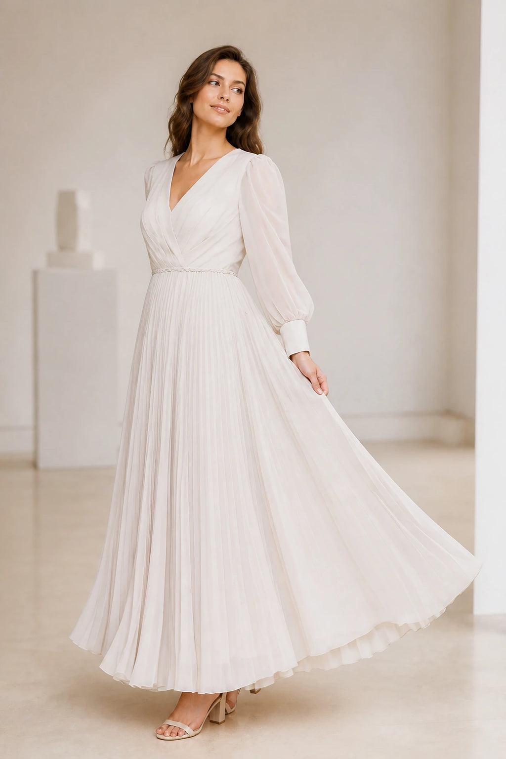 Ivory Chiffon A-Line V-Neck Bishop Sleeve Zip-Back Long Bridesmaid Dress