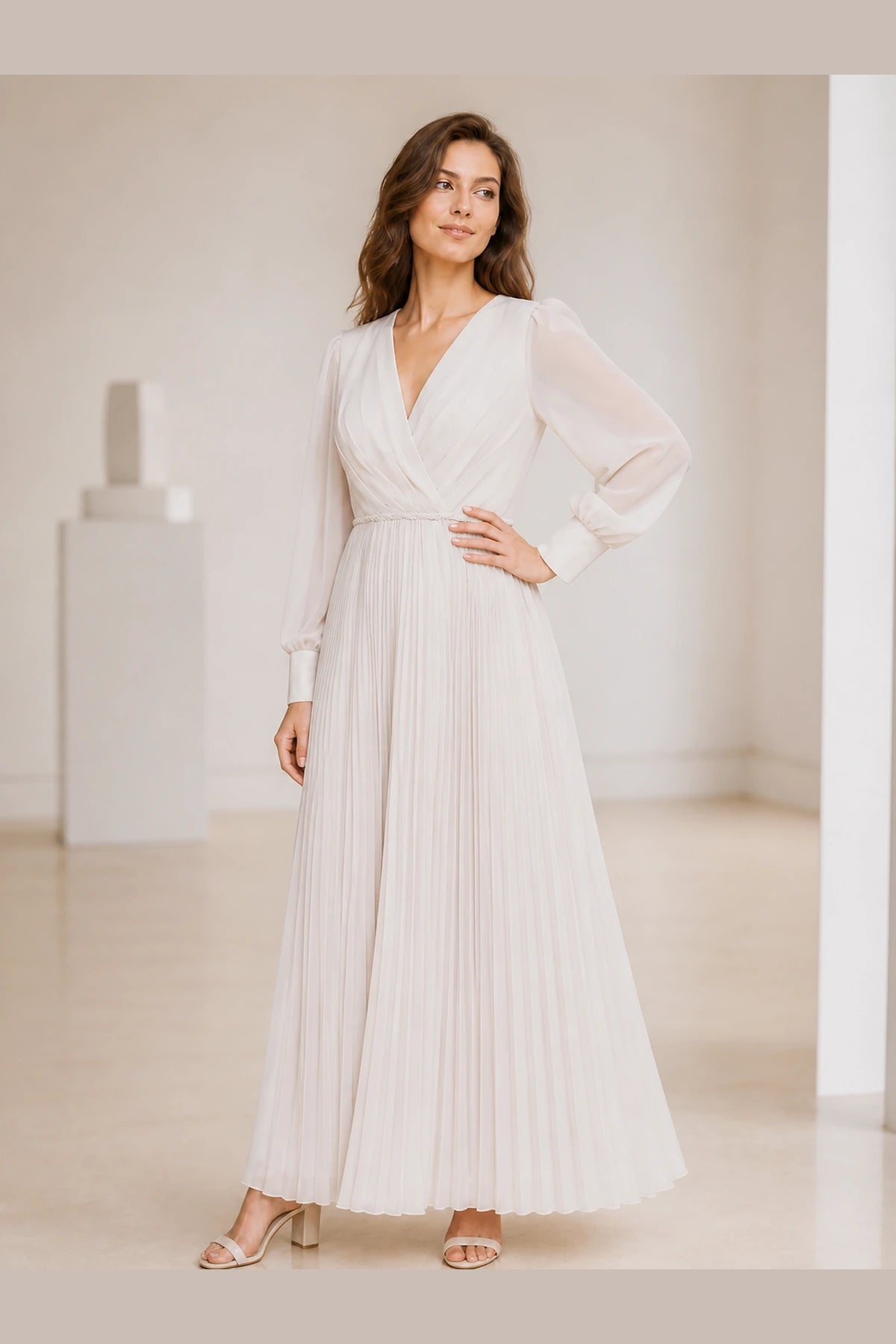 Ivory Chiffon A-Line V-Neck Bishop Sleeve Zip-Back Long Bridesmaid Dress