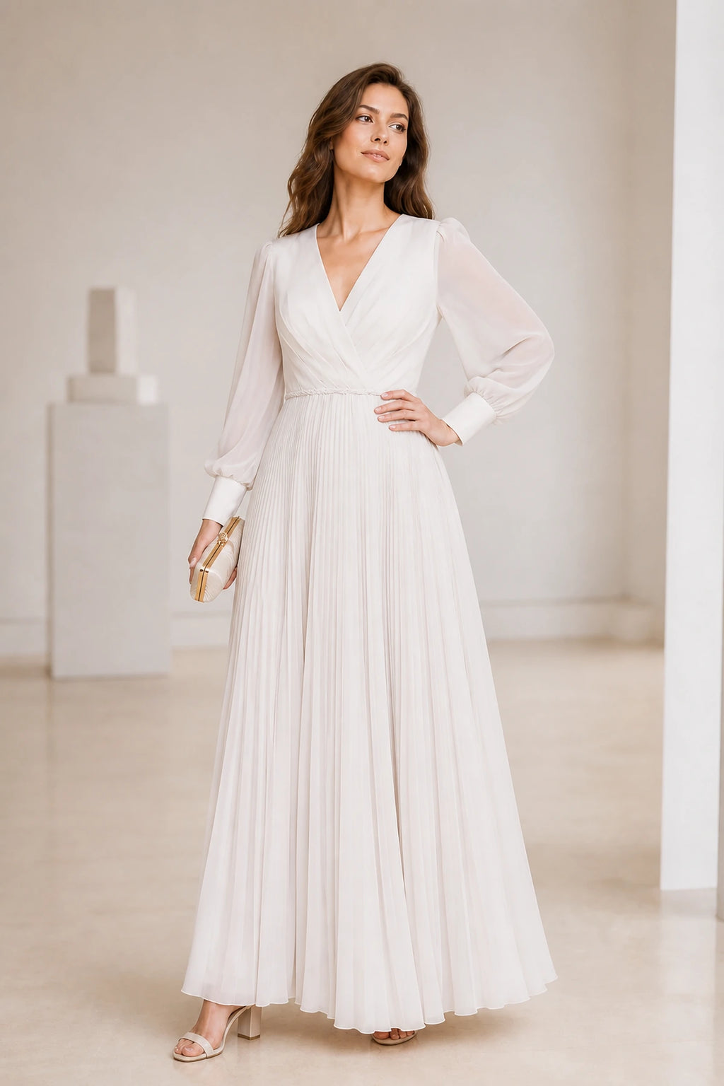 Ivory Chiffon A-Line V-Neck Bishop Sleeve Zip-Back Long Bridesmaid Dress