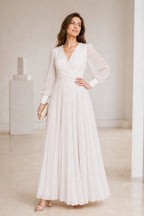 Ivory Chiffon A-Line V-Neck Bishop Sleeve Zip-Back Long Bridesmaid Dress