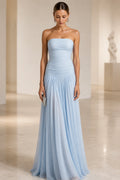 Vedress light blue strapless ruched bodice a‑line chiffon long bridesmaid dress