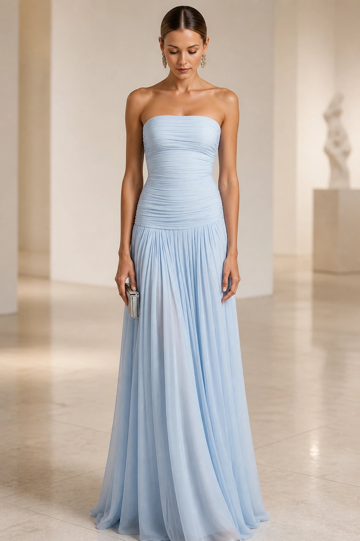 Vedress light blue strapless ruched bodice a‑line chiffon long bridesmaid dress