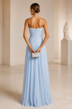 Vedress light blue strapless ruched bodice a‑line chiffon long bridesmaid dress