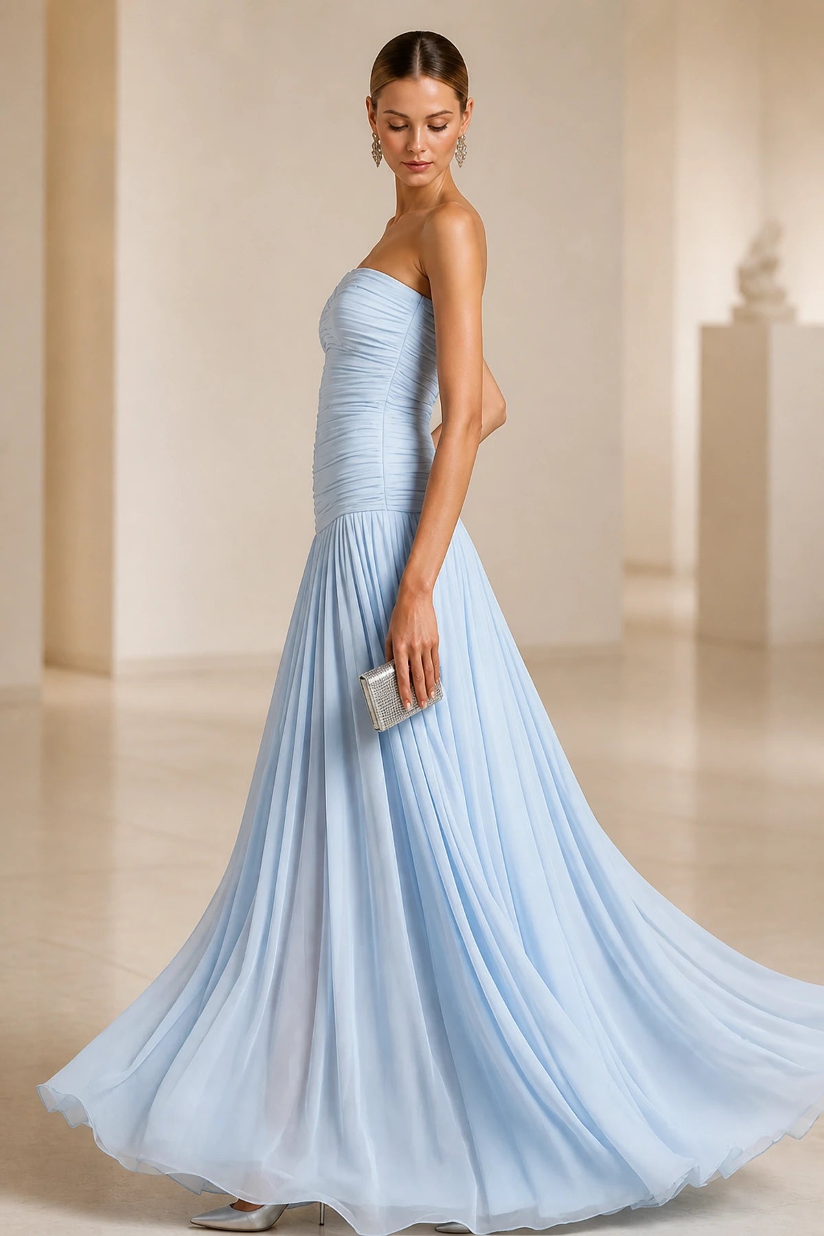 Light Blue Strapless Ruched A‑Line Long Bridesmaid Dress