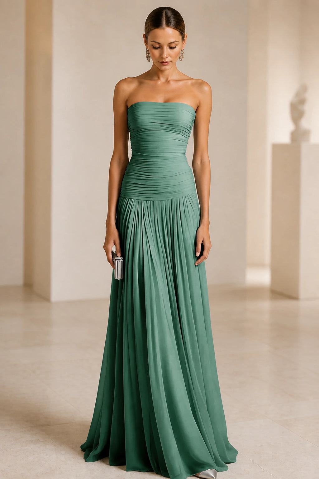 Light Blue Strapless Ruched A‑Line Long Bridesmaid Dress