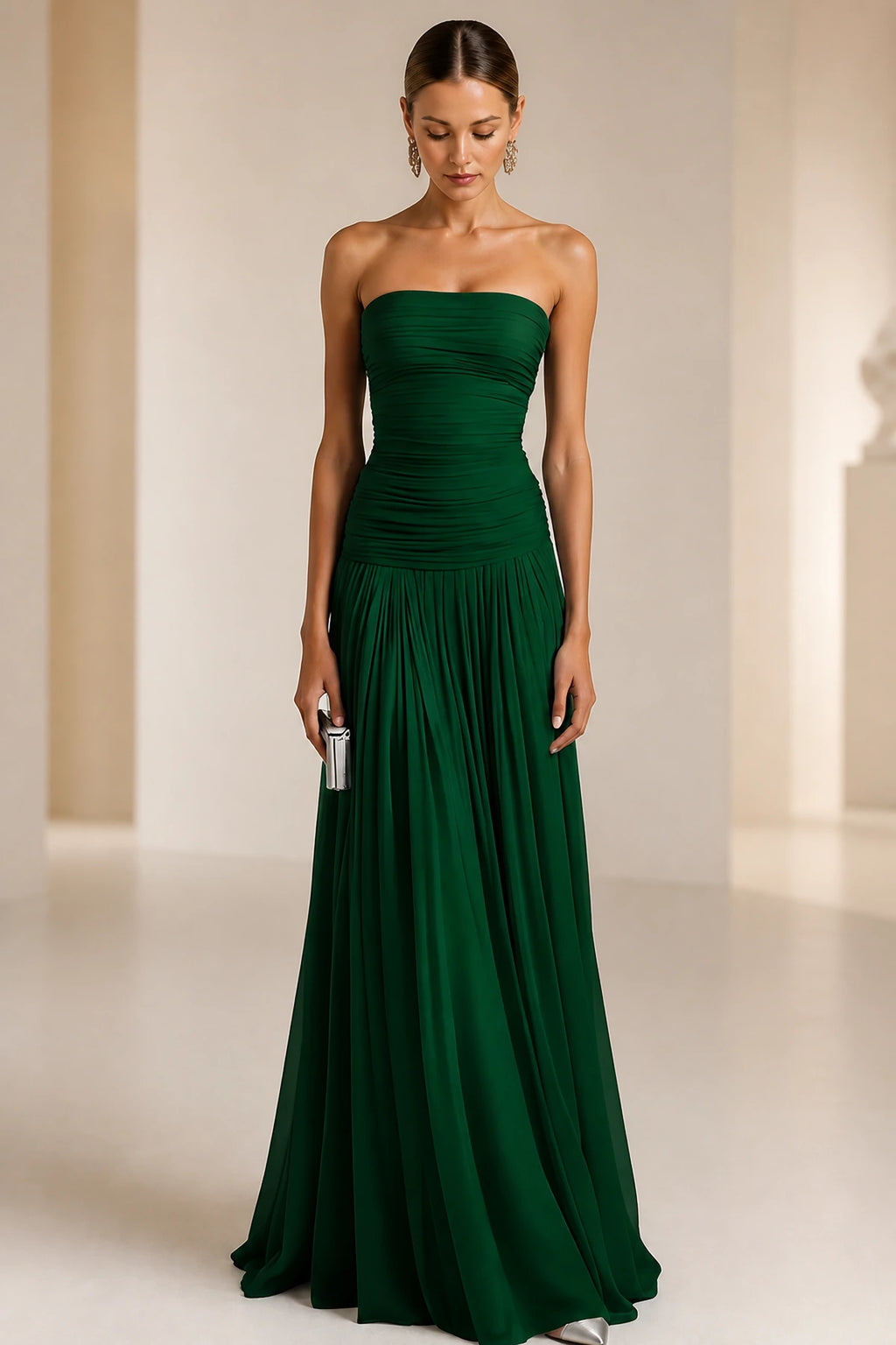 Light Blue Strapless Ruched A‑Line Long Bridesmaid Dress