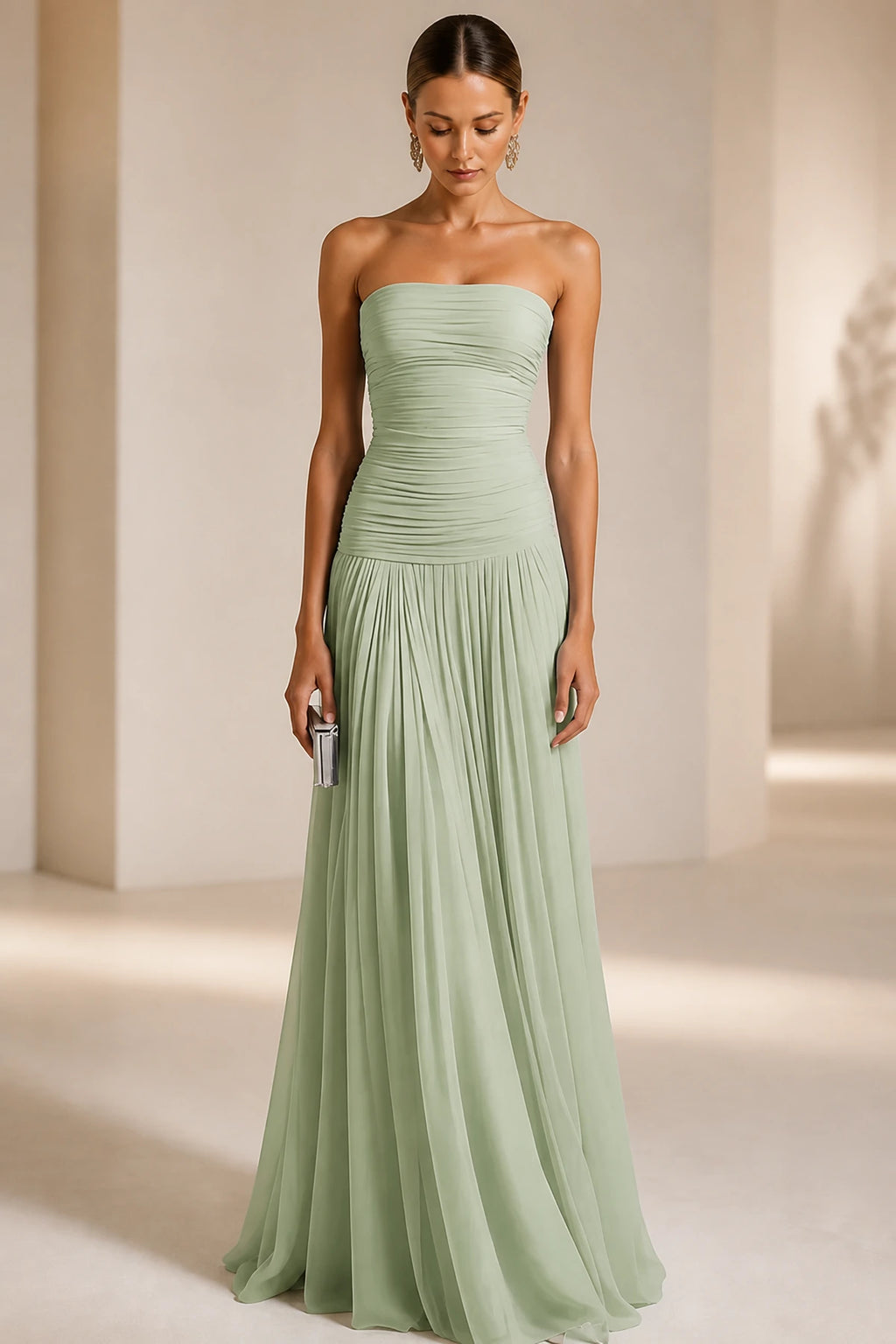 Light Blue Strapless Ruched A‑Line Long Bridesmaid Dress