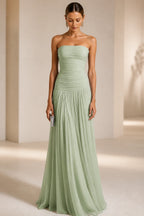 Light Blue Strapless Ruched A‑Line Long Bridesmaid Dress