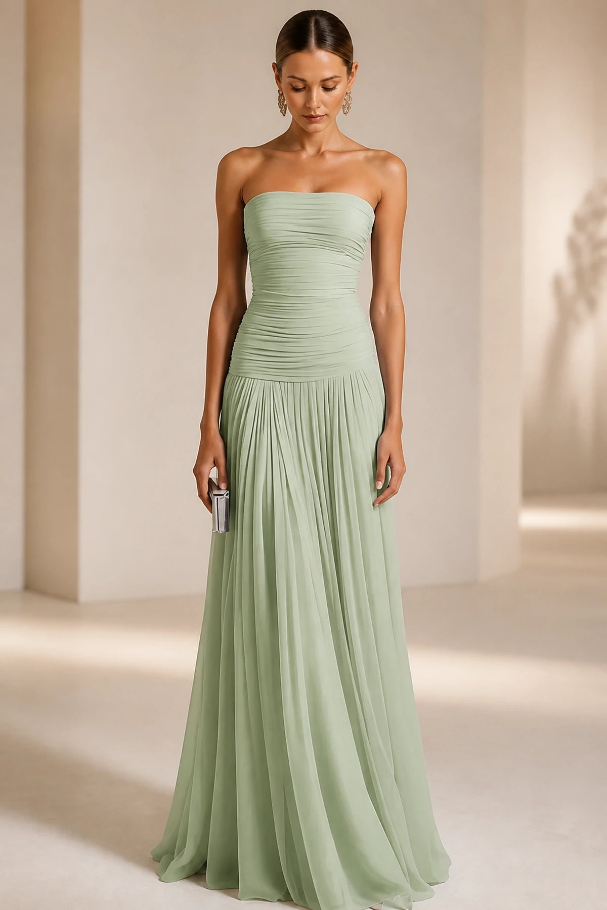 Light Blue Strapless Ruched A‑Line Long Bridesmaid Dress