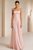 Light Blue Strapless Ruched A‑Line Long Bridesmaid Dress