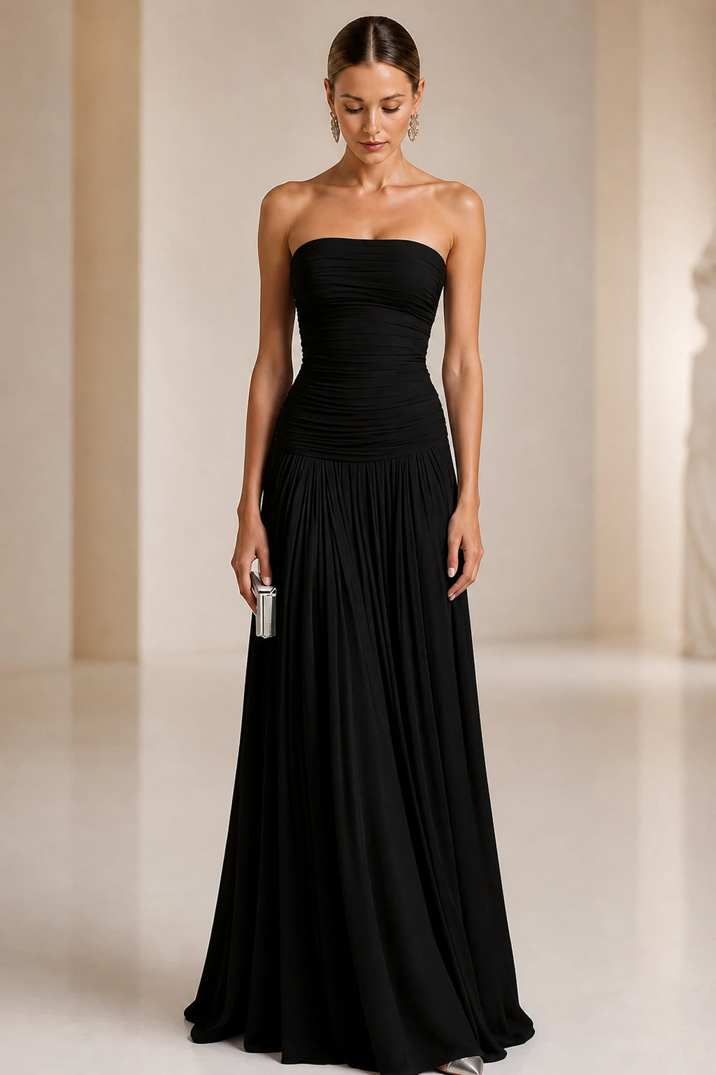 Light Blue Strapless Ruched A‑Line Long Bridesmaid Dress