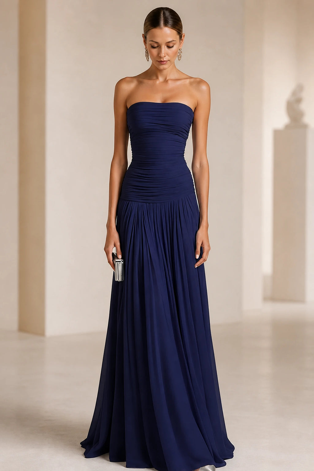 Light Blue Strapless Ruched A‑Line Long Bridesmaid Dress