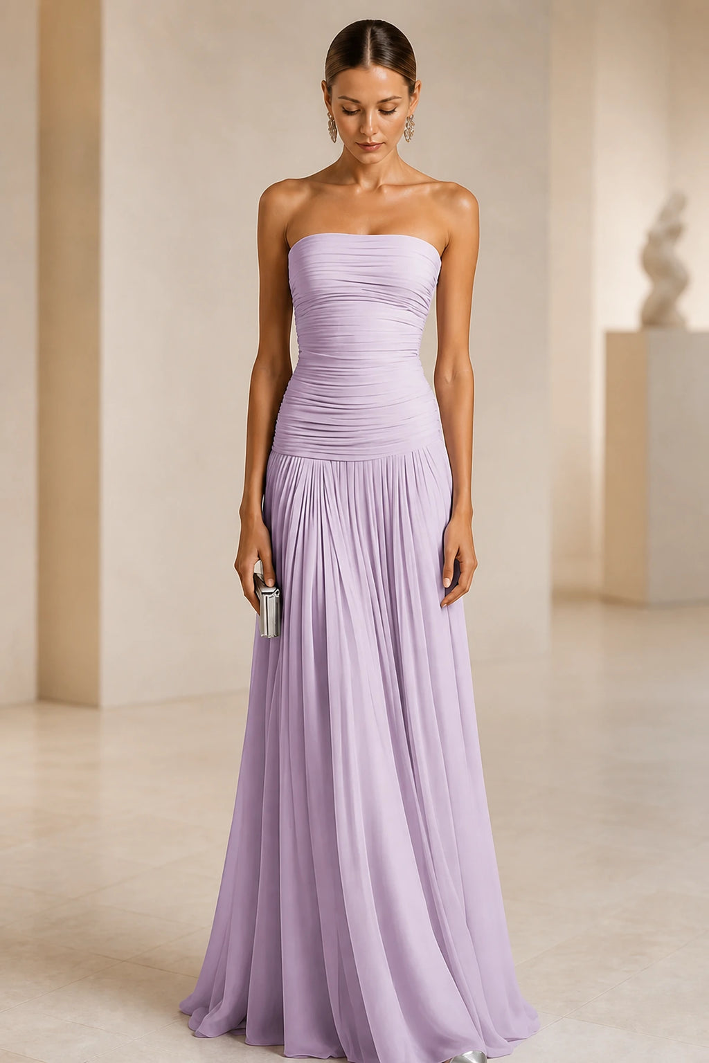 Light Blue Strapless Ruched A‑Line Long Bridesmaid Dress