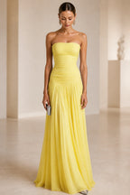 Light Blue Strapless Ruched A‑Line Long Bridesmaid Dress