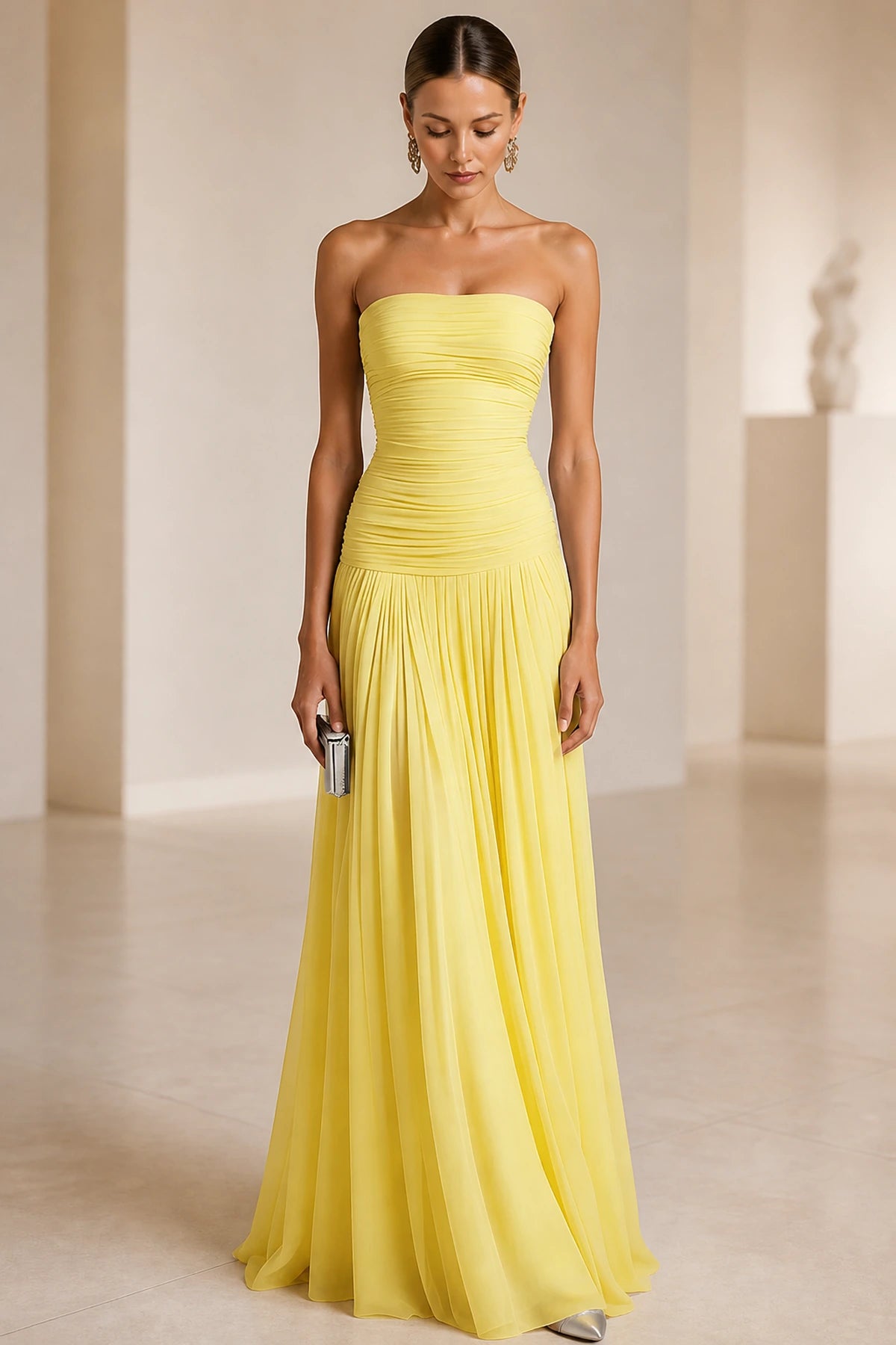 Light Blue Strapless Ruched A‑Line Long Bridesmaid Dress