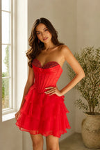 Red Beaded Strapless Sweetheart Corset Backless Short Homecoming Dress