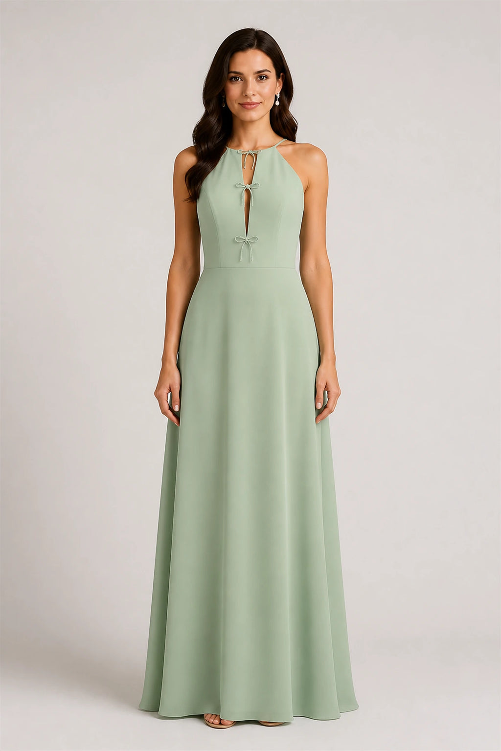Vedress sage green halter bow keyhole a‑line long bridesmaid dress